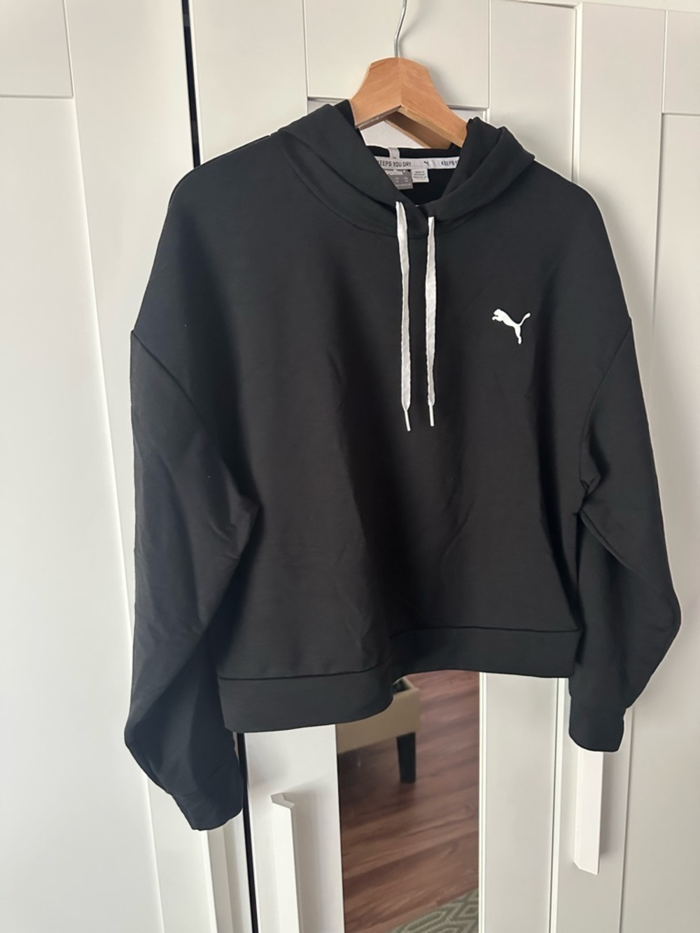 Puma Black Cropped Hoodie with White Drawstrings and Logo Trim
